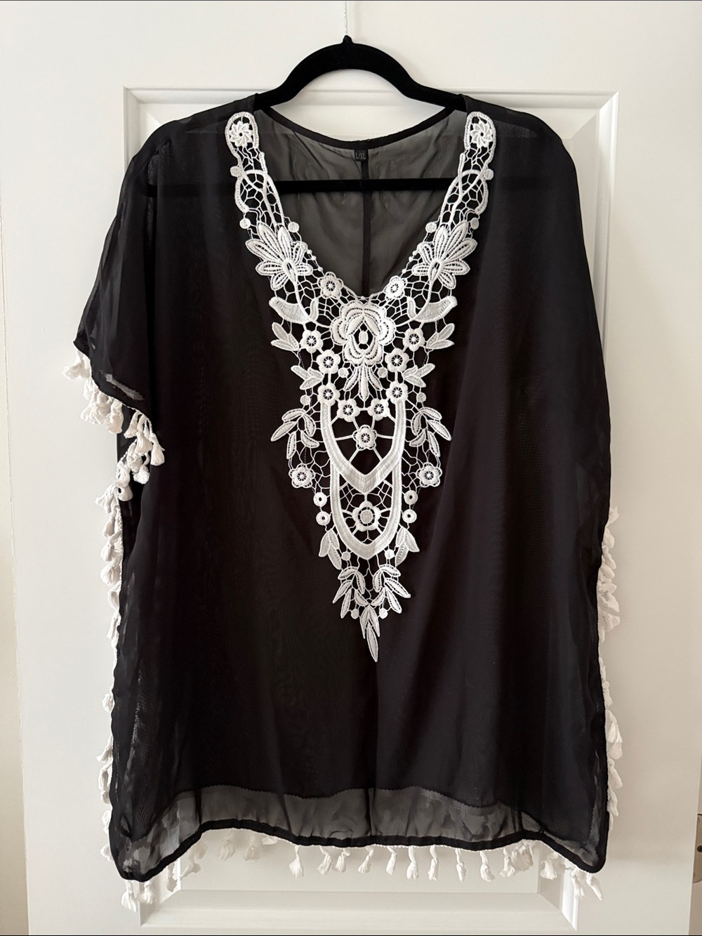Women’s Black Sheer Tunic Top with White Lace Appliqué
